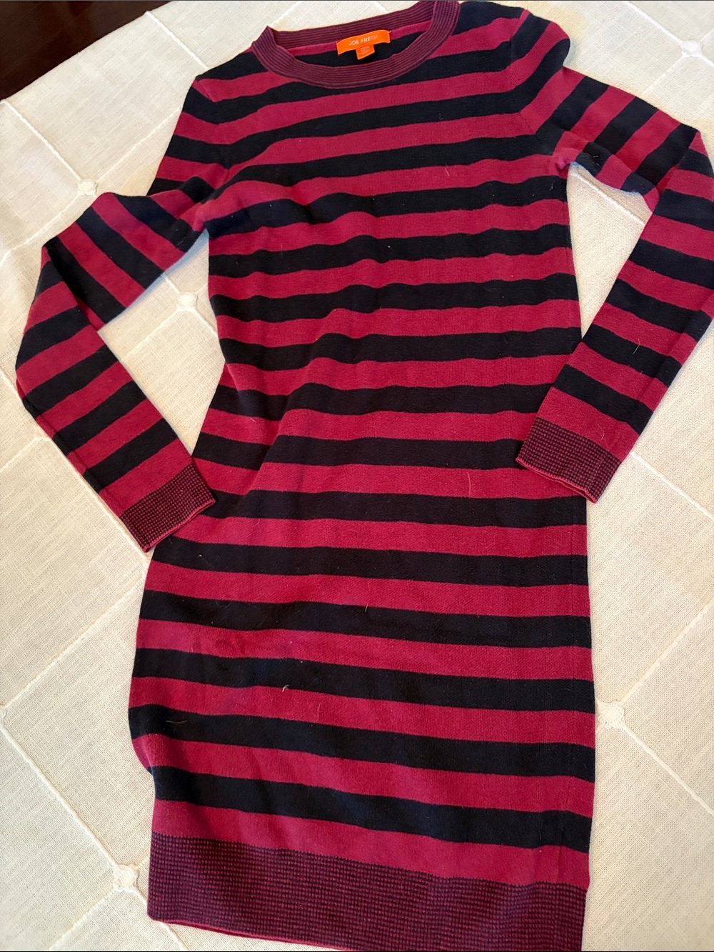 Joe Fresh Burgundy and Black Striped Crewneck Sweater